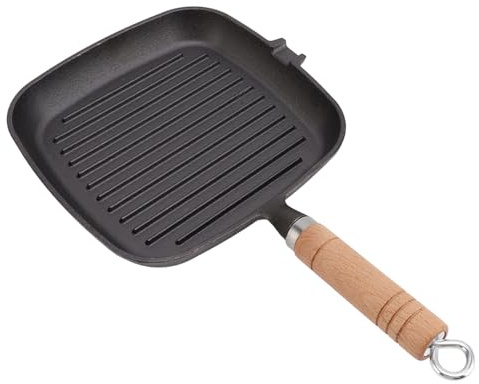 Jeanoko Gjutjärn Fyrkantig Grillpanna Effektiv Nonstick Gjutjärnspanna för Kött Fisk, Trähandtag, Snabb Uppvärmning Till Frukost, för Familj 8,2 Tum