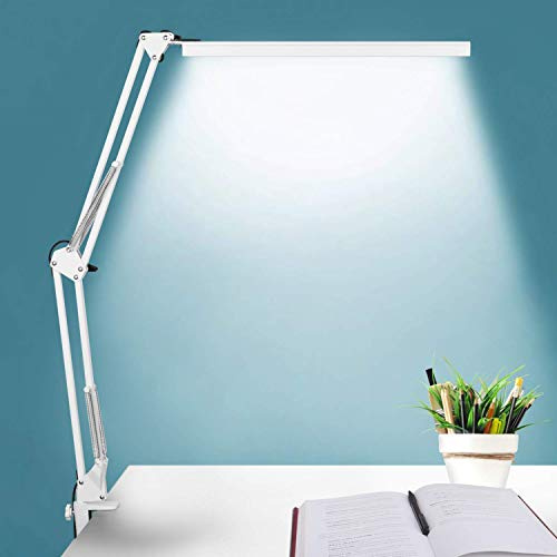 BZBRLZ LED Desk Lamp, Metal Swivel Arm, Eye-Caring Architect Task Lamp, Dimmable Office Table Lamp with 3 Colour Modes, 10 Brightness Levels and Adapter, Memory Function (White, Aluminum)