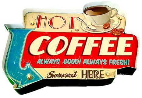 Café Cartel Retro Luminoso Cafeteria Restaurante Bar Vintage Letrero Metálico de Artesanía Accesorios para Decoración Hogar de los Años 50 (Coffee) 41x31x5cm