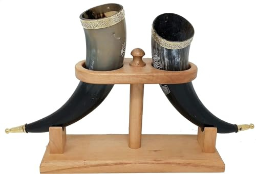Galaxy Indiacraft Viking Drinking Handmade Natural OX Horn | Tankard | Mug | Cup for Ale, Beer, Mead, Wine | 12 to 15 Inch | 100% Leak Free | with Beautiful Wooden Stand (Set of 2)