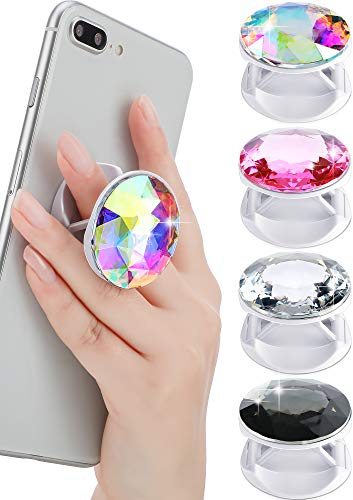 Weewooday 4 Pcs Glitter Phone Grip, Adjustable Collapsible Crystal Plastic Disco Finger Cell Phone Holder with Expanding Kickstand, Adhesive Diamond for Phones Tablet(White, Pink, Black, Rainbow)