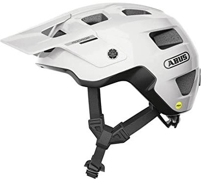 ABUS MTB-Helm MoDrop MIPS - robuster Fahrradhelm mit Aufprallschutz für Mountainbiker - individuelle Passform - Unisex - Weiß Glänzend, Größe M, M (54-58 cm)