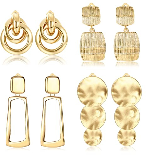 JeryWe 4 Paar Ohrclips Gold für Damen Statement-Ohrringe Geometrisch Baumelnd Rechteckige Quaste Teardrop Quadratisch Metall Rund Tropfen Anhänger Fake Ohrringe Ohrclips Ohne Ohrlöcher（Stil1）