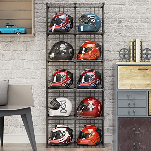 Support de casque de moto – Support de casque de vélo en métal sur pied avec étagère pour sac à chaussures – Grilles de rangement pour placard – Bibliothèque modulaire et présentoir à chapeaux