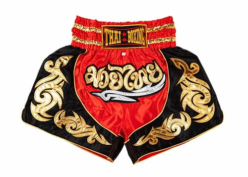 MUAY NATION Pantaloncini Muay Thai per Uomo e Donna, Pantaloncini da Boxe MMA dal Taglio Slim, Abbigliamento da Allenamento per Kickboxing (IT, Testo, XL, Regular, Regular, Rosso)