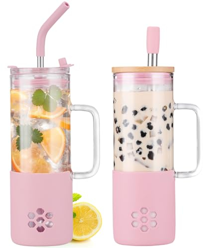 BLUEGO 600ml Glass Cup with 2 Lids and Handle, Cute Glass Tumbler with Straws and Silicone Sleeve, Iced Coffee Cup, 0.6L Smoothie Tumbler, Reusable Bubble Tea Cup, Travel Mug,Pink