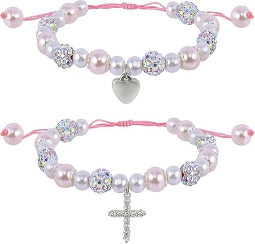 2 Pezzi Perle e Strass Bracciali Santa Prima Comunione, Bracciale di Perline di Rosario di Croce e Cuori, Cresima Prima Comunione Bracciale di Regalo con Coulisse per Ragazze Battesimo