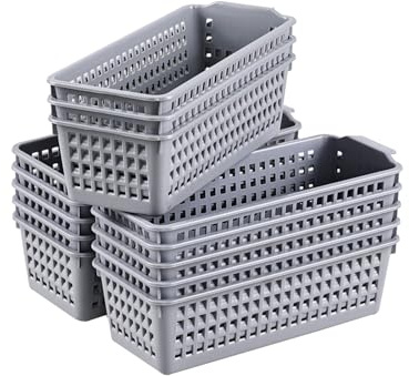 Asking 12-Pack Slim Plastic Storage Baskets, Gray Small Narrow Storage Bins