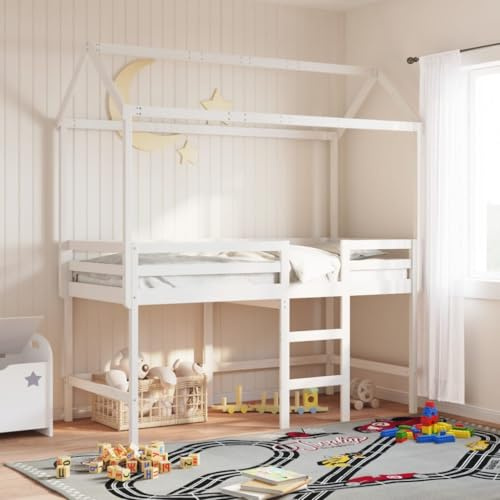 Bulliing Kids' Bed Roof White 207x95.5x159 cm Solid Wood Pine,Bunk Bed for Kids,Wooden Bunk bed Double Single Bed,for Kids