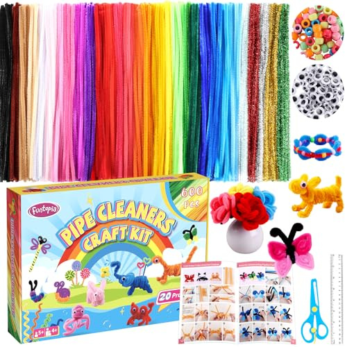 800Pcs Pfeifenreiniger Set zum Basteln, 30 Farben Pfeifenreiniger mit 20 Designs Anleitungsbuch, 600 Chenilledraht, 100 Wackelaugen Selbstklebend, 100 Pony-Perlen, Pipe Cleaners für Kinder Erwachsener