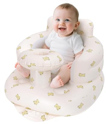 AirSwim Inflatable Baby Seat with Tray, Inflatable Baby Chair for Babies 3 Months and Up, Summer Blow Up Chair with Built in Air Pump, Infant Floor Seats for Learning to Sit, Palying, Camping, Bear