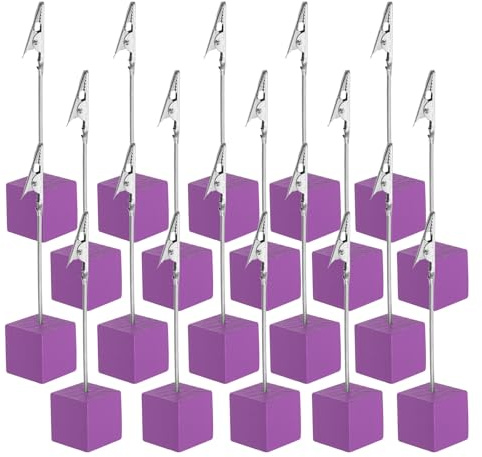 PATIKIL 20 Piezas Soporte Para Tarjetas De Lugar Para Fotos Color Púrpura | Soporte Para Notas Con Pinza De Cocodrilo Y Base De Madera, Notas Y Tarjetas