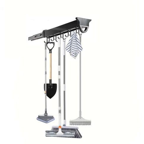 Soporte extensible para escoba y fregona deslizante para armario y lavandería, solución de almacenamiento de garaje con 16 ganchos, sistema eficiente de nización para el hogar (18.1 pulgadas)