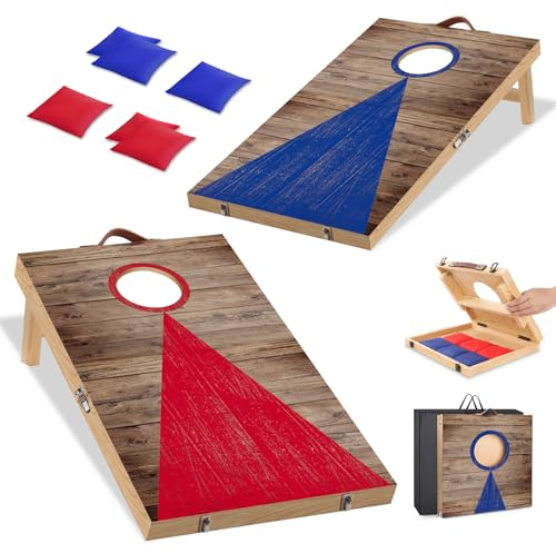 NZQXJXZ Ensemble de Jeu de Cornhole en Bois Massif - 60 x 40 cm Planches de Cornhole Pliables avec 6 poufs et Un Sac de Transport, Jeux de Lancer de poufs Portables pour Adultes