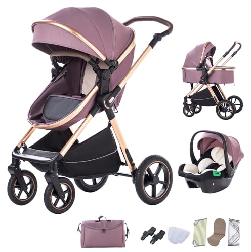 BEBBY 3-i-1 barnvagn, bärbara barnvagnar med ett klick, stadsvagnar med bilstol, högram landskapsvagn i aluminium för nyfödda (D2-lila, H2-D)
