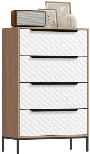 HOMCOM Cómoda con 4 Cajones de Tela, Cómoda para Dormitorio, Frentes con Patrón de Diamante, Cajonera para Salón, Oficina, Vestidor, Natural y Blanco