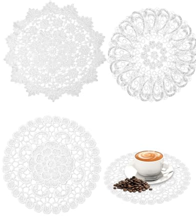 LOZTBUE 3 PCS 30 cm Diámetro Tapetes de Encaje Ganchillo A Mano Posavasos Encaje Redondos Grandes Manteles de Mesa con Bordado Floral Blanco Vintage para Cocina Comedor Taza Tazón