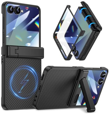 Doeshine för Samsung Galaxy Z Flip 7 fodral, inbyggt skärmskydd, [kompatibel med Mag-Safe] med dolt ställ och gångjärnsskydd stötsäkert texturerat magnetiskt fodral för Samsung Z Flip 7, svart