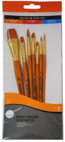 Daler-Rowney Simply Gold Taklon Synthetic Hair Acrylic Brush Set with Short Handles, 7 Assorted Brushes, For Entry-Level Artists & Hobbyists