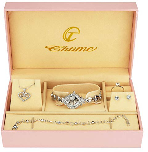 Coffret Cadeau Montre Femme - Parure de Bijoux- Collier-Bague- Boucles d'oreilles - Bracelet