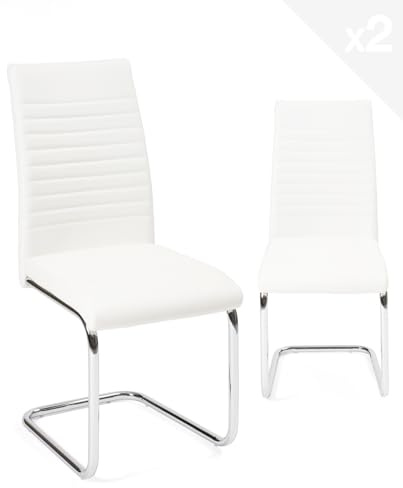 Kayelles Lote de 2 sillas de Comedor de diseño, Asiento de Cuero sintético Acolchado, Pata cromada Opus (Blanco)