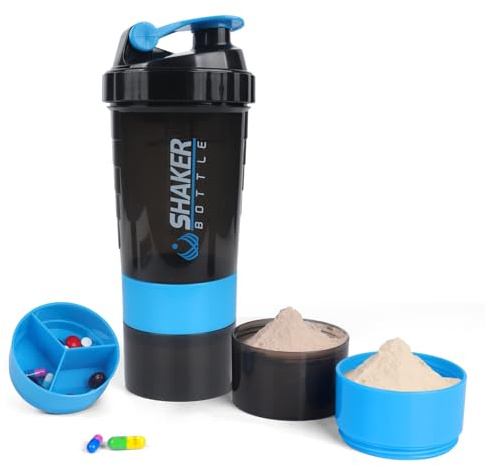 VECH Protein Shaker Bottle,GYM Shaker Cup for Protein Shakes, 16oz Shake Bottle with Ball and Storage Compartment,Leak-Proof,BPA Free (Blue)