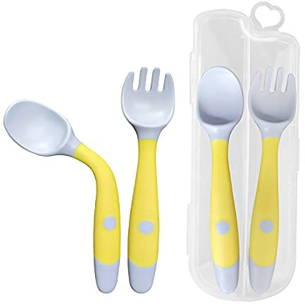 Tomedeks 2pcs Infant Feeding Training Spoon and Fork Cutlery,Baby Utensils Spoon and Fork Set,Children Easy to Hold, Heat-Resistant and Flexible Learning Spoon and Fork（Yellow) (Yellow)