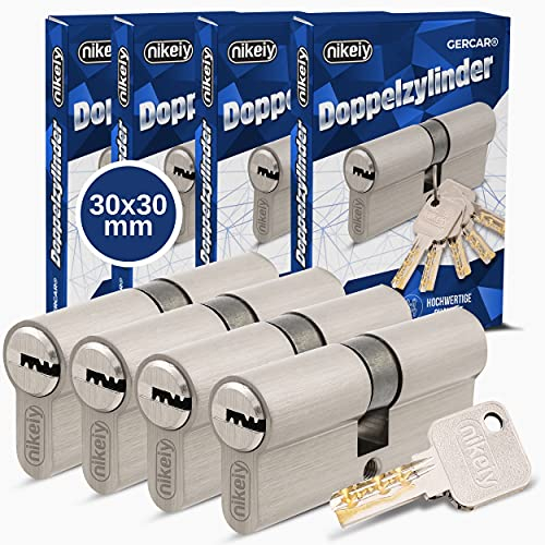 GERCAR Pro Juego de 4 cerraduras cilíndricas de latón niquelado mate 30/30 - 4x cilindro de cerradura/ cerradura de barril 60 mm con botón para puerta - con 10 llaves - Longitud: 60 mm, A: 30 B: 30