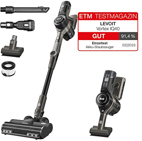 LEVOIT Cordless Vacuum Cleaner, Smart Stick Vacuum Cleaner with Auto Mode, Bendable Design, Mini Pet Brush, Up to 40 Mins Run Time, Powerful Suction for Hard-floors Carpets Pet Hair Stair Car