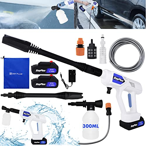 Cordless Pressure Washer 21V Portable Power Washer with 2 Battery 1.5Ah & Charger, Lightweight 120W Electric Power Car High Pressure Washer Jet Water Wash Cleaner Gun with 5M Hose & Snow Foam Lance