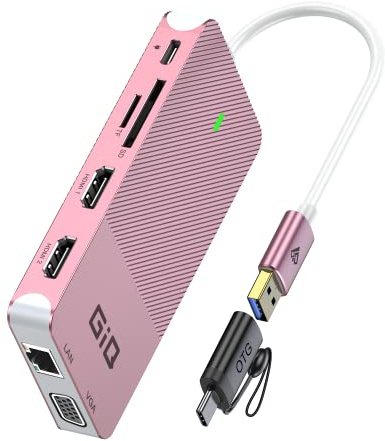 Estación de Acoplamiento USB GIQ USB C HUB USB 3.0 a Dual HDMI VGA Adaptador, Triple Pantalla USB C Estación de Acoplamiento para portátil, Pantalla Dual Compatible con MacBook M1 USB Dock, Oro Rosa