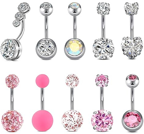 Briana Williams 10pcs Belly Button Ring 10mm Belly Button Piercing Belly Rings for Women Surgical Steel Belly Button Rings Belly Navel Rings Piercing Jewelry Silver Pink