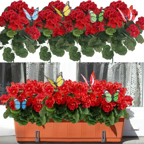 YELIKIT Lot de 4 bouquets de fleurs artificielles pour l'extérieur, géraniums en fausse plante, fleurs pour décoration de printemps et d'été, fausses fleurs en soie résistantes aux UV pour l'intérieur