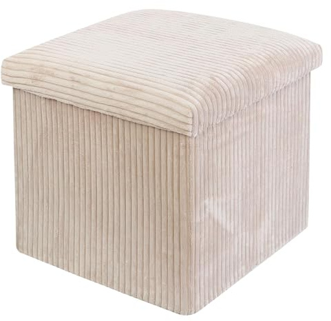 DANIEL JAMES Housewares Folding Ottoman Storage Cube – Compact Padded Footstool Storage Box Chest with Lid for Bedroom, Hallway, Living Room - Corduroy: Beige