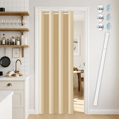 Gardiner för garderob utan dörr, dörrgardiner för dörröppningar 203 cm längd garderob dörrgardiner för garderobsdörr/halldörr/skafferidörr/tillfällig dörr, B 42 x L 80, beige, 1 panel med stång