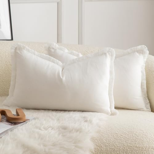 Mandioo 2er Set neutralen Baumwolle Quasten Kissenbezug 30x50cm Dekorative Kissenbezüge Dekokissen Boho Sofakissen Kissenhülle für Couch Sofa Schlafzimmer Wohnzimmer Heimdekoration Cremeweiß
