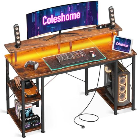 Coleshome Gaming Tisch mit LED-Beleuchtung, 120x50cm Computertisch mit 2 Steckdosen & 2 USB-Anschlüssen, Gaming Schreibtisch mit Monitorständer & Stauraum, Home Office Schreibtisch, Braun