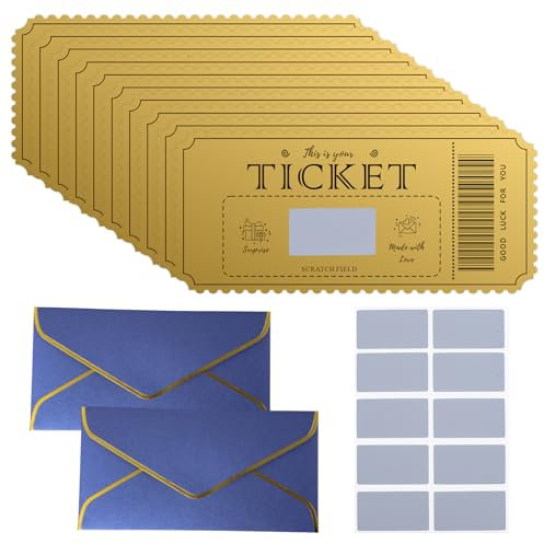 SNONESIY 10 Stück Goldenes Ticket Gutschein 10 Stück Rubbel,Goldenes Ticket mit 2 Stück Umschlag,Rubbelkarten zum Selber Beschriften,Geburtstagskarte,Geschenk Idee für Freundin,Mama,Kind