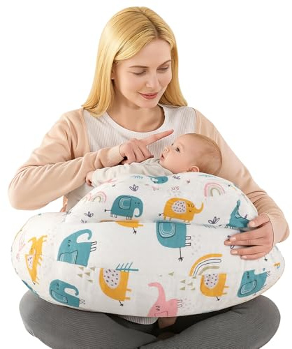 Labtec Almohada de lactancia para bebé, almohada multifuncional para lactancia materna con correa ajustable para la cintura y valla de seguridad, funda de almohada extraíble de 100% algodón, patrón de