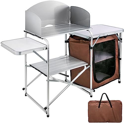 Noomul Camping Kitchen Table Picnic Cabinet Folding Cooking Storage Rack Portable Brown