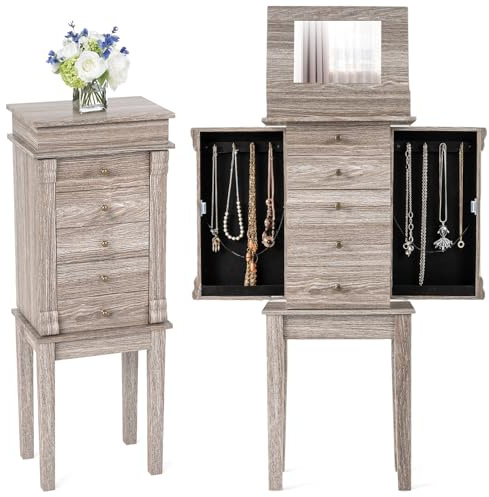 Giantex Jewelry Cabinet Armoire with Flip Top Mirror, 5 Drawers & Swing Doors, Space-Saving Jewelry Organizer for Necklaces, Rings, Bracelets, Watches, Velvet Lined, Light Gray Oak