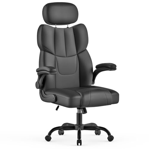 naspaluro Silla de Oficina, Silla de Escritorio Ergonómica, Silla Giratoria con Función de Inclinación, Apoyabrazos Plegables, Silla Ordenador de Cuero PU con Reposacabezas Ajustable, Negro
