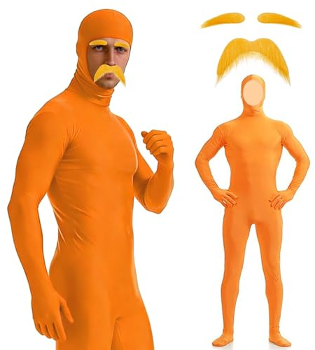 Disfraz Lora de Cuerpo Completo con Bigote Naranja y Cejas, Lora Carnaval Disfraz de Cosplay Adultos, Traje de Cuerpo Entero, Mono Naranja, Costume Hombres Mujer para Carnaval Fiesta