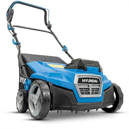 Hyundai Escarificador y aireador inalámbrico de 38 cm (2 x 20 V), Motor sin escobillas, 5 ajustes de Profundidad de -12 mm a +6 mm, Bolsa de colección de 45 L, 2 baterías de 4.0 Ah y Carga