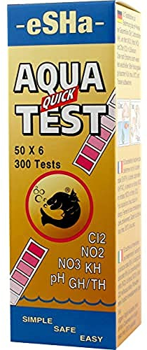 eSHa AQUA-QUICK-TEST - Wassertest - pH (Säuregrad), KH (Karbonathärte), GH (Gesamthärte), NO2 (Nitrit), NO3 (Nitrat) und Cl2 (Chlor) - 50 Teststreifen pro Tube