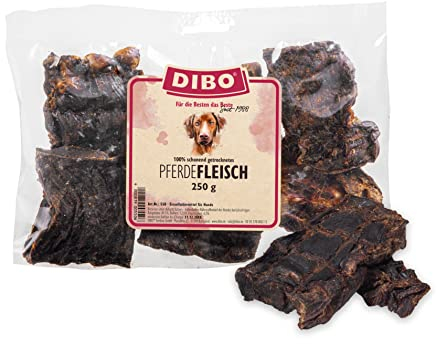 DIBO Pferde-Fleisch, 250g-Beutel, der kleine Naturkau-Snack oder Leckerli für Zwischendurch, Hundefutter, Qualitätskauartikel ohne Chemie