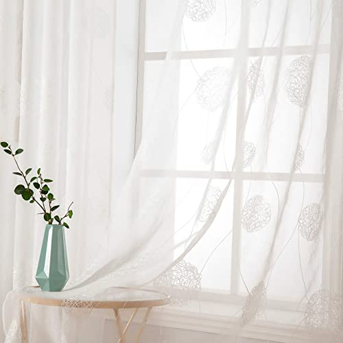 MIULEE Vorhänge mit Florales Stickerei, Gardinen Weiß für Wohnzimmer, Schlafzimmer Vorhang Transparent mit Ösen, 2er Set Voile Blumen Durchsichtig Vorhänge, Jeder H 245 X B 140cm