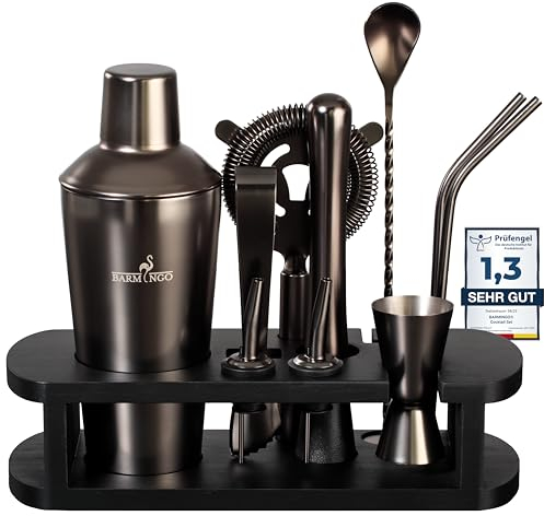 BARMINGO® Set da cocktail in acciaio inox, 11 pezzi, da 700 ml, con supporto e accessori da bar, set shaker per cocktail, set da barista, set da bar, set regalo, nero
