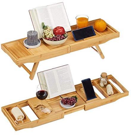 Relaxdays Bambus Badewannenablage & Tablett 2in1, Buchstütze, Weinhalter, Wannenablage, 74,5-114 cm ausziehbar, Natur, H x B x T: ca. 18 x 114 x 25 cm