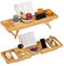 relaxdays Bath Caddy bambù, Mensola Vasca & Vassoio 2 in 1, Reggilibri, Porta Bicchieri, Regolabile 74,5-114 cm, Legno, Poliestere, 18 x 114 x 25 cm